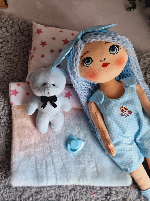 پک عروسک پارچه ای خاله بازی همراه ست رختخواب ، پستونک و خرس تدی